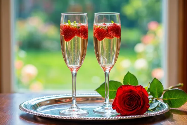 Twee champagneglazen met aardbeien in een bruisend drankje staan naast een rode roos op een zilveren dienblad bij een raam met een onscherp tuinzicht.