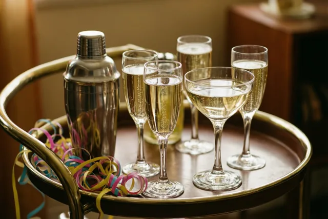 Een messing barwagentje draagt champagnecoupes met schuimwijn, een metalen cocktailshaker en kleurrijke slingers in zacht, warm licht.