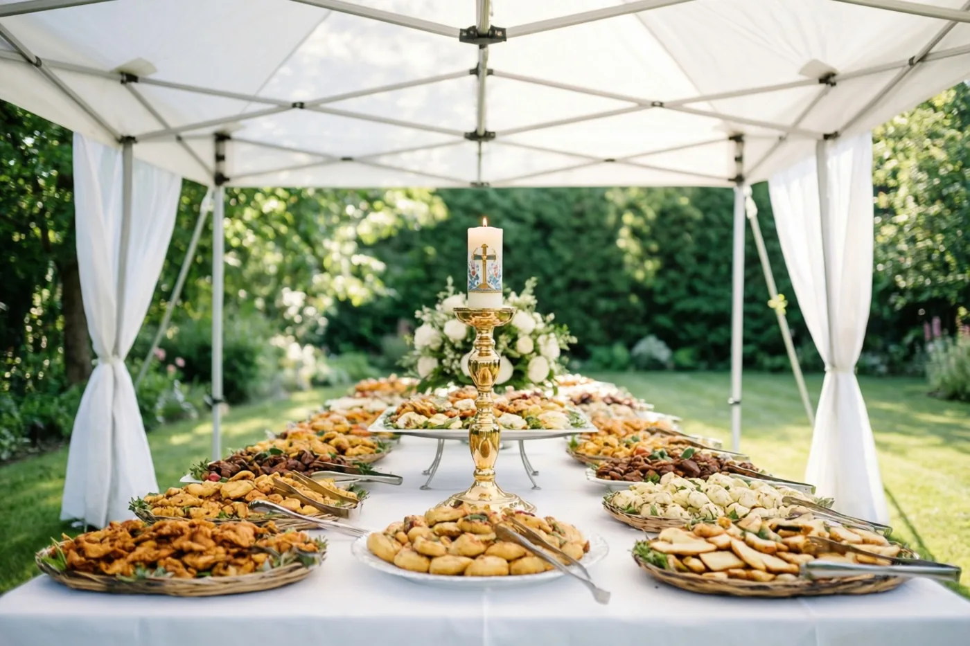 Een lange buffettafel onder een witte tuintent staat vol gebak en hapjes in gevlochten manden en op borden, met witte bloemstukken en een brandende communiekaars in een gouden kandelaar.