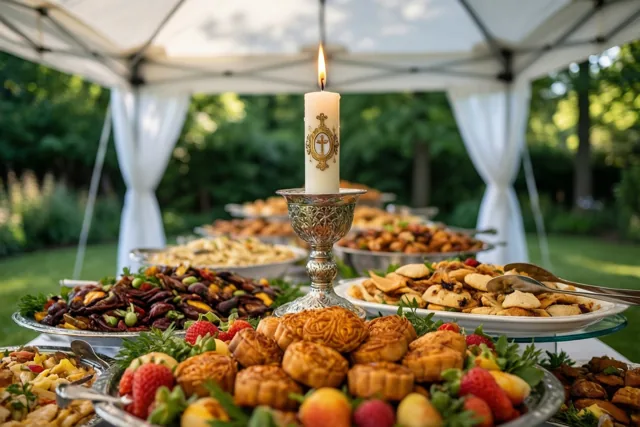 Onder een witte tuintent staat een uitgebreid buffet met gebak, fruit en hartige gerechten op zilveren schalen rond een brandende communiekaars in een sierlijke zilveren houder, met groen erachter.