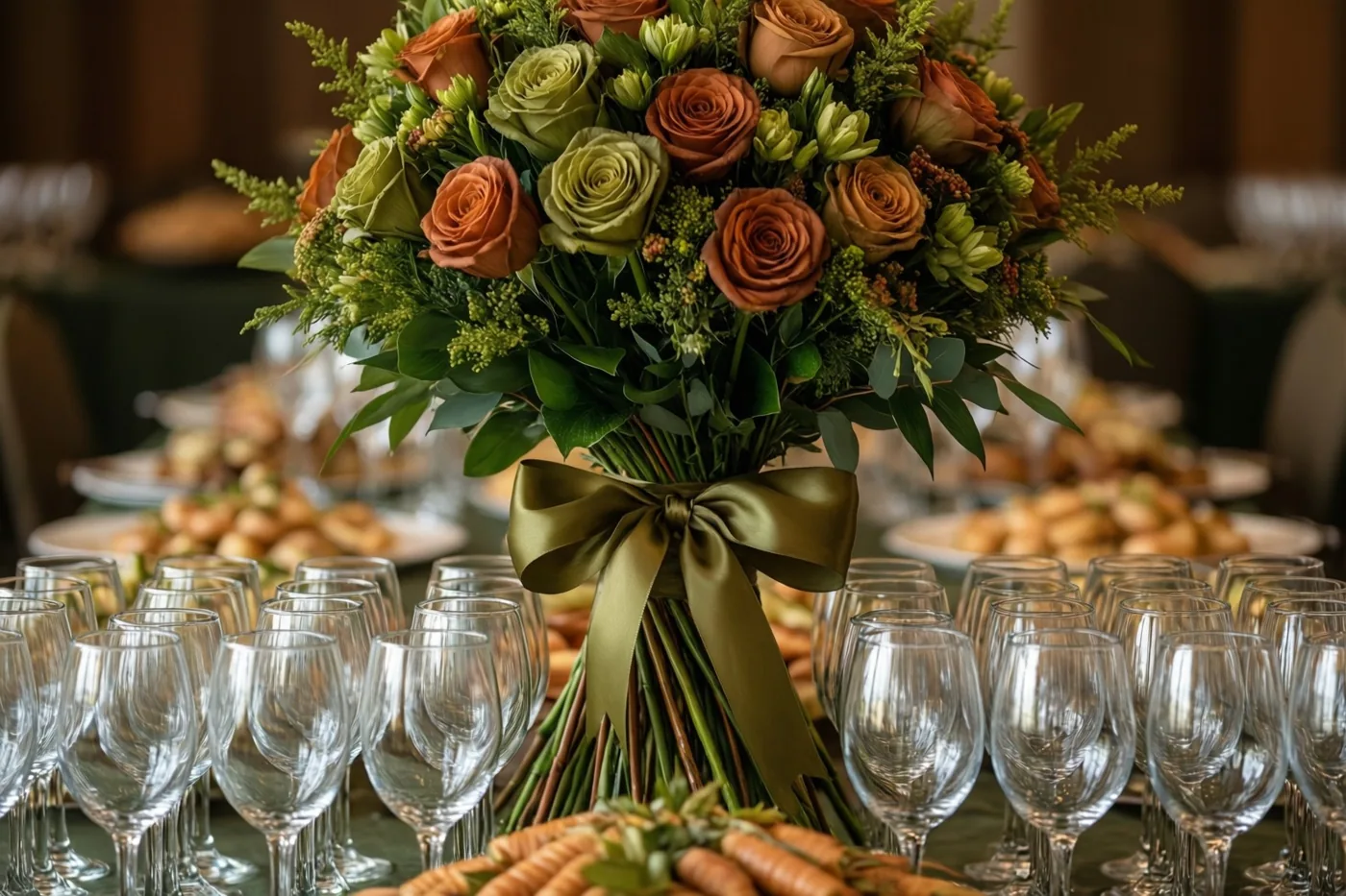 Een warm verlichte buffettafel is gedekt met rijen heldere wijnglazen en een groot boeket oranje en groene rozen met een groen lint.