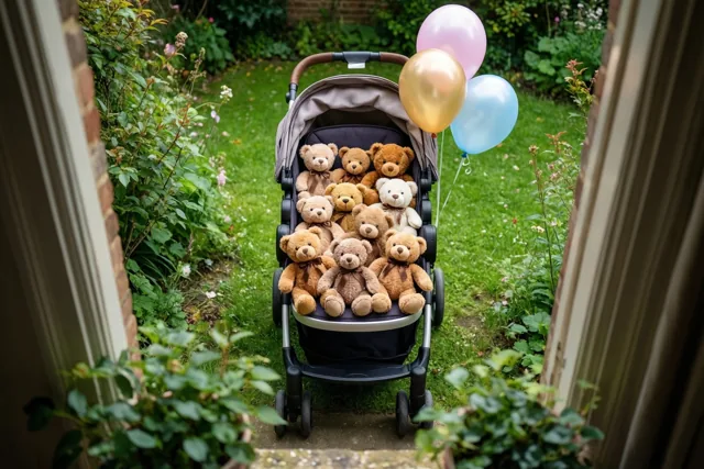 Door een open deuropening is een buggy vol teddyberen te zien in een tuin met pastelballonnen, groen gebladerte en gras in daglicht.