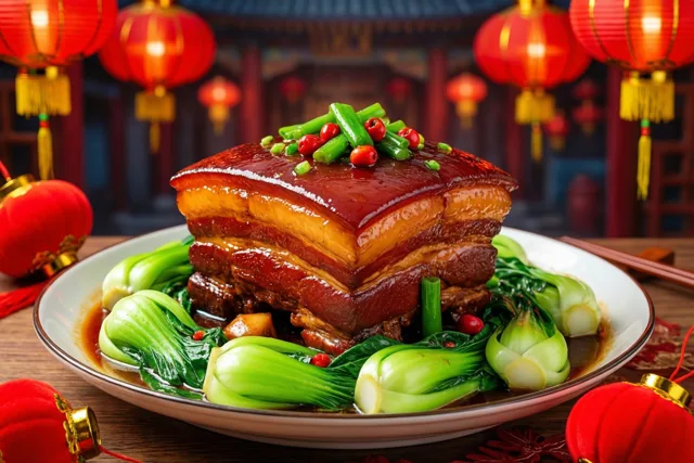 Glanzend gestoofd buikspek ligt op een bedje van paksoi op een wit bord, omringd door rode lantaarns in een traditioneel Chinees decor.