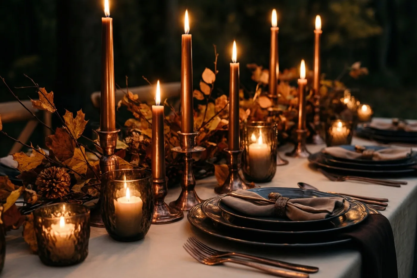 Op een elegant gedekte buitentafel staan hoge koperkleurige kaarsen tussen herfsttakken met gedroogde bladeren en dennenappels, in warm kaarslicht.