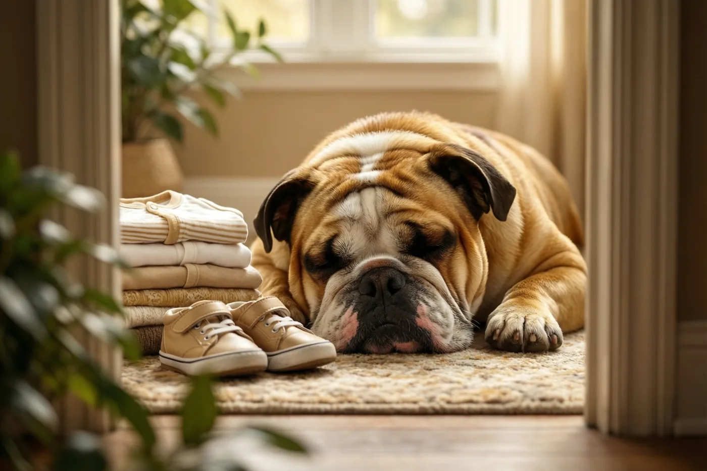 Door een deuropening is een slapende buldog te zien op een tapijt met een patroon, naast opgevouwen babykleertjes en kleine schoentjes, met zacht daglicht en kamerplanten.