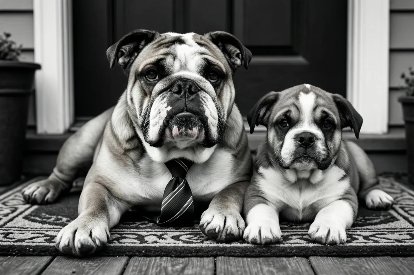 Een zwart-witfoto toont een volwassen bulldog met een das naast een puppy op een deurmat met motief, op een houten veranda voor een deur.