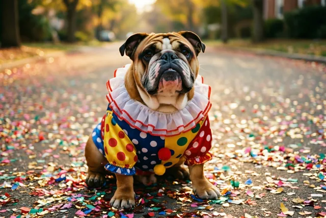 Een bulldog in een kleurrijk clownspak met stippen en een rucheskraag zit op bestrating vol confetti in warm goudkleurig zonlicht, met bomen op de achtergrond.