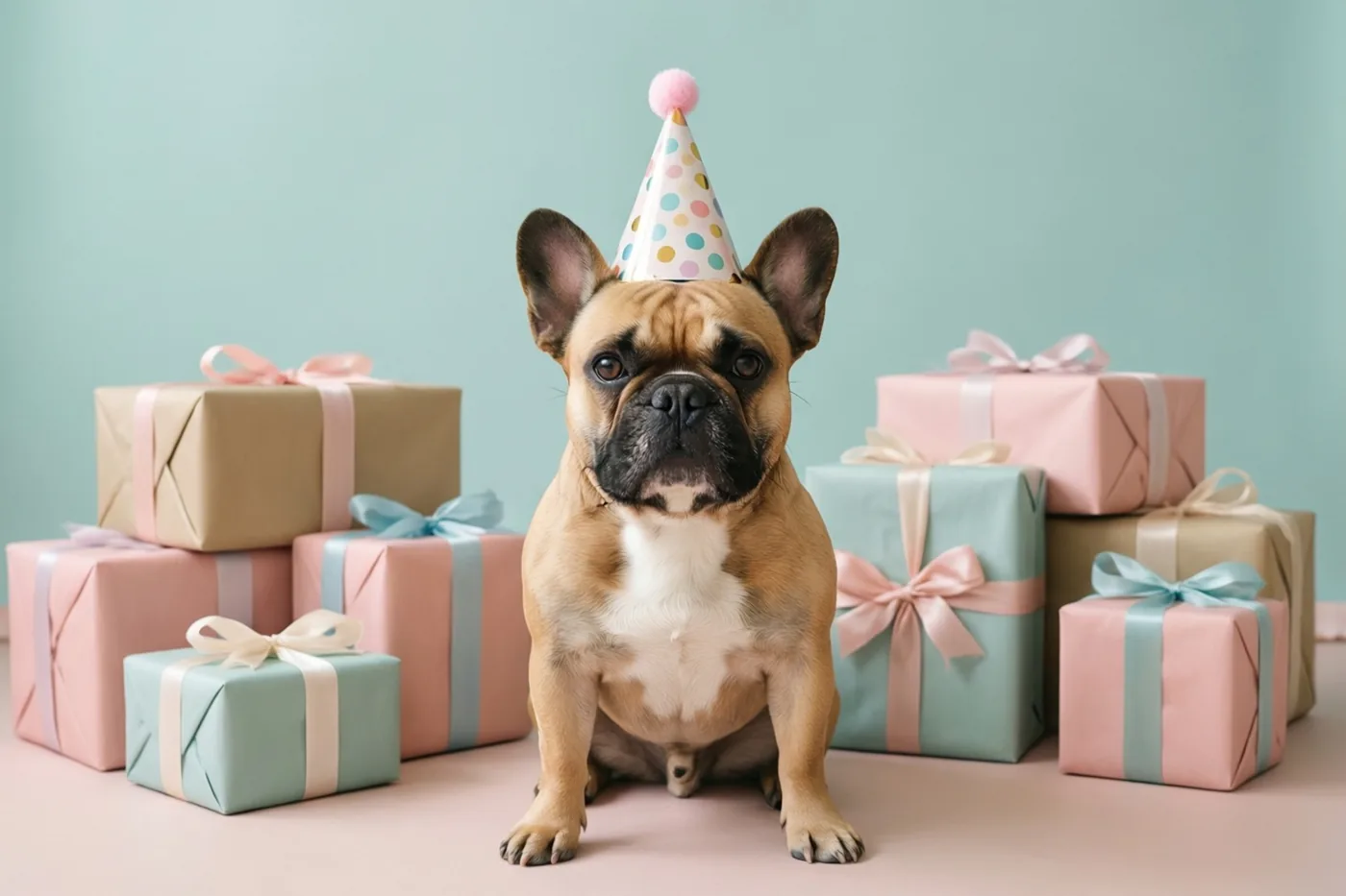 Een Franse bulldog met een gestippeld feesthoedje zit voor ingepakte cadeaudozen op een roze vloer tegen een effen pastelblauwgroene achtergrond.