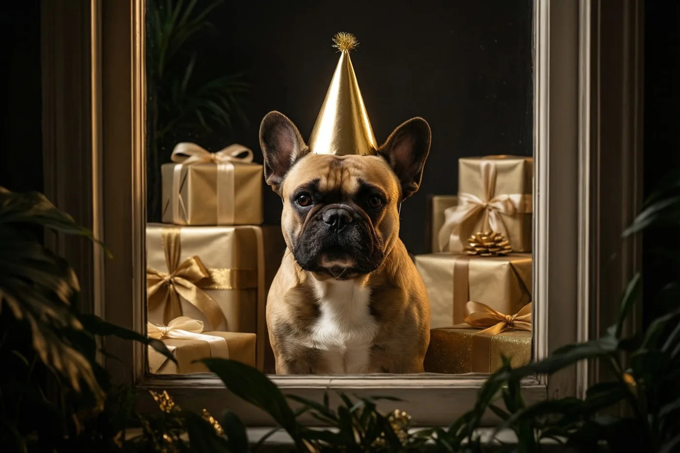 Een Franse bulldog met een gouden feesthoedje zit voor een raam tussen goudkleurig ingepakte cadeaus en groene planten, met warm licht en een donkere achtergrond.