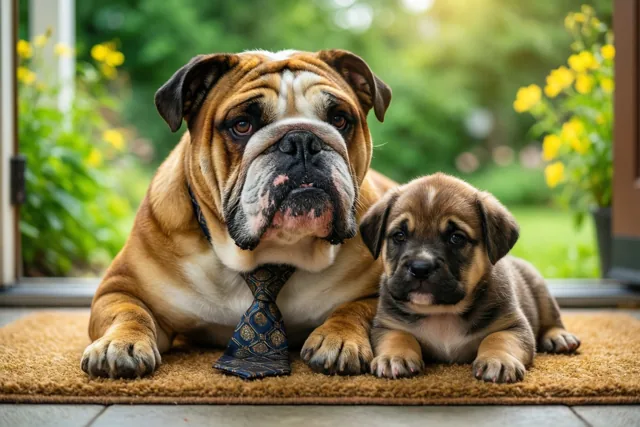 Een volwassen bulldog met een das met motief ligt naast een kleine puppy op een bruine deurmat buiten, met groen en gele bloemen op de achtergrond.