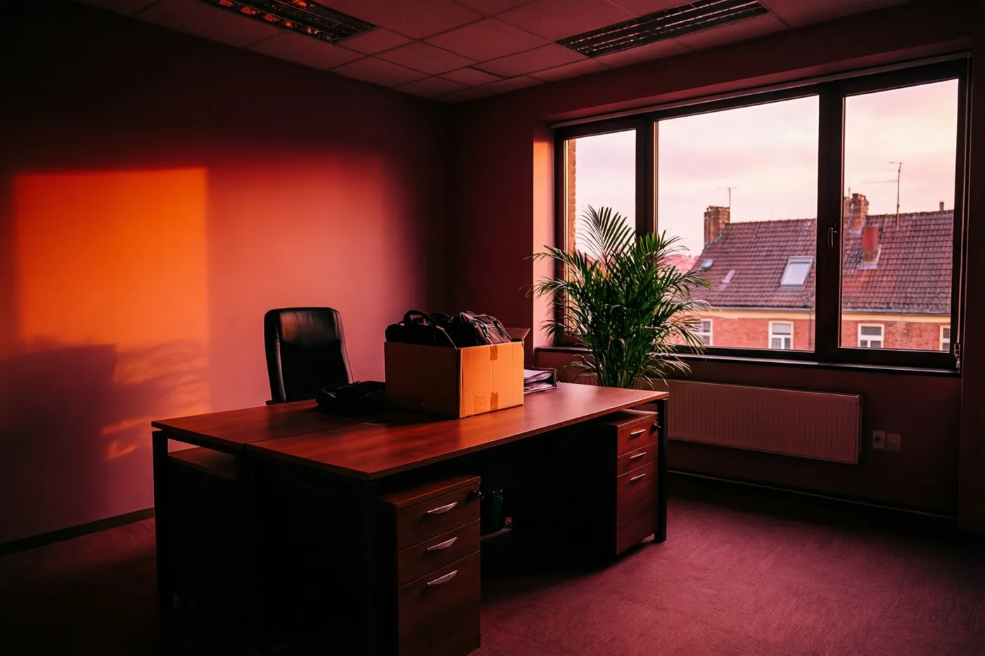 In een leeg kantoor staan een houten bureau met een doos, een zwarte bureaustoel en een potplant bij een groot raam in rood-oranje licht.