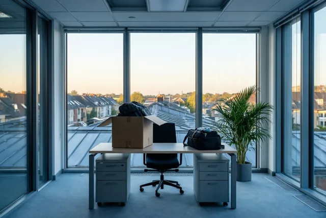 Een leeg kantoor met een bureau, stoel, doos met spullen en potplant kijkt via grote ramen uit op daken in koelblauw en warm zonlicht.