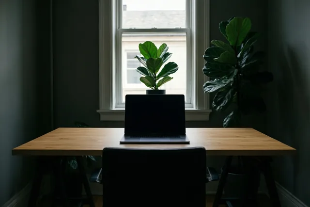 Een gesloten laptop ligt midden op een licht houten bureau tussen twee vioolbladplanten bij een raam, in een kamer met donkergrijze muren.
