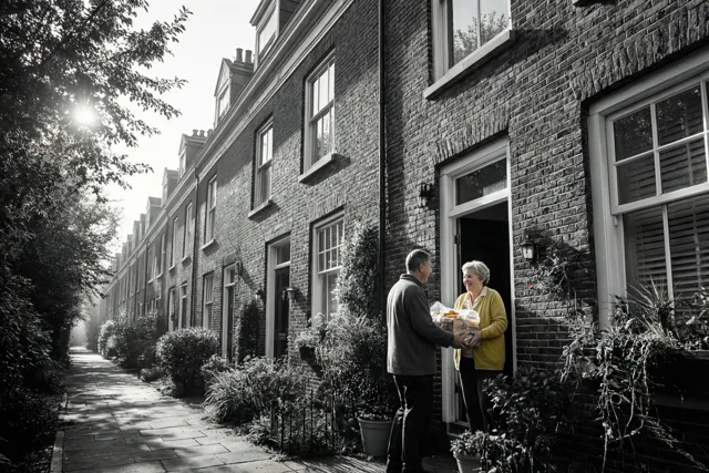 Op een zwart-witfoto geven twee buren op een zonnige ochtend een voedselpakket door aan de open deur van een bakstenen rijhuis in een rustige straat met bomen en planten.