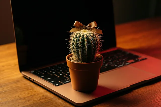 Een klein cactusje in een pot met een bruine strik staat op een laptop op een houten bureau in warm goudkleurig en roodachtig licht.