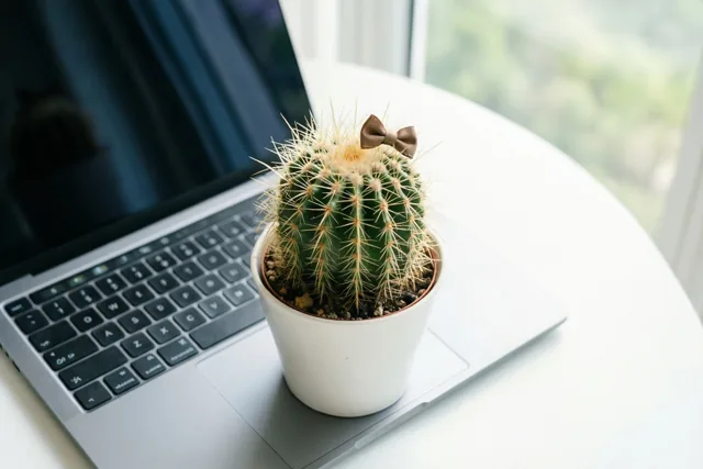 Een cactusje in een pot met een bruine strik bovenaan staat op het toetsenbord van een zilverkleurige laptop op een wit bureau bij een raam.