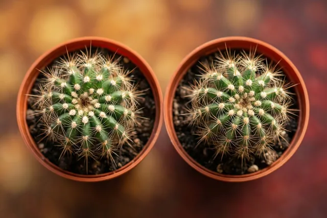 Twee kleine identieke cactussen met stekels staan naast elkaar in gelijke terracotta potten tegen een wazige achtergrond in warme goudgele en rode tinten.