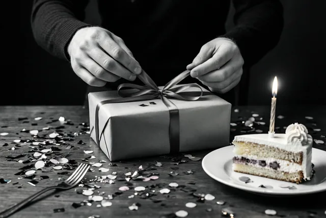 Een zwart-witfoto toont twee handen die een geschenkdoos met lint uitpakken op een tafel met confetti naast een bord met een stuk taart en één brandend kaarsje, tegen een donkere achtergrond.