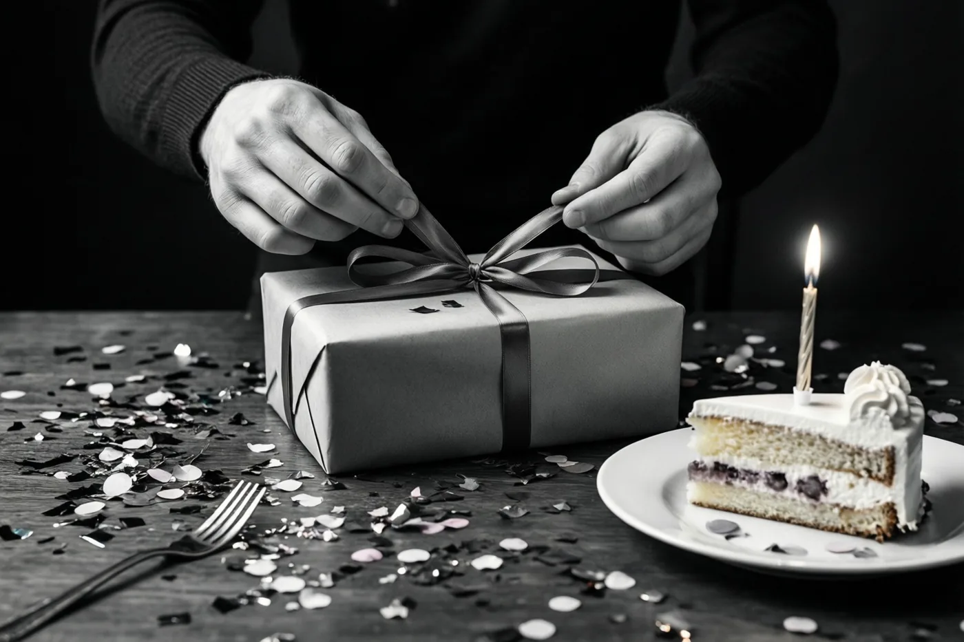 Een zwart-witfoto toont twee handen die een geschenkdoos met lint uitpakken op een tafel met confetti naast een bord met een stuk taart en één brandend kaarsje, tegen een donkere achtergrond.