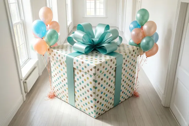 Een grote cadeaudoos in stippenpapier met een enorme blauwgroene strik staat in een lichte gang met witte muren en een houten vloer, met pastelballonnen aan de hoeken.