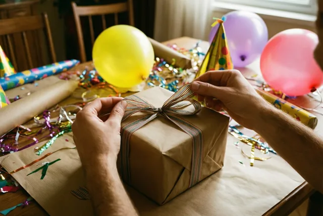 Twee handen knopen een gestreept lint rond een cadeau in bruin papier op een tafel met inpakpapier, confetti en kleurrijke ballonnen in warm licht met geel, roze en paars.
