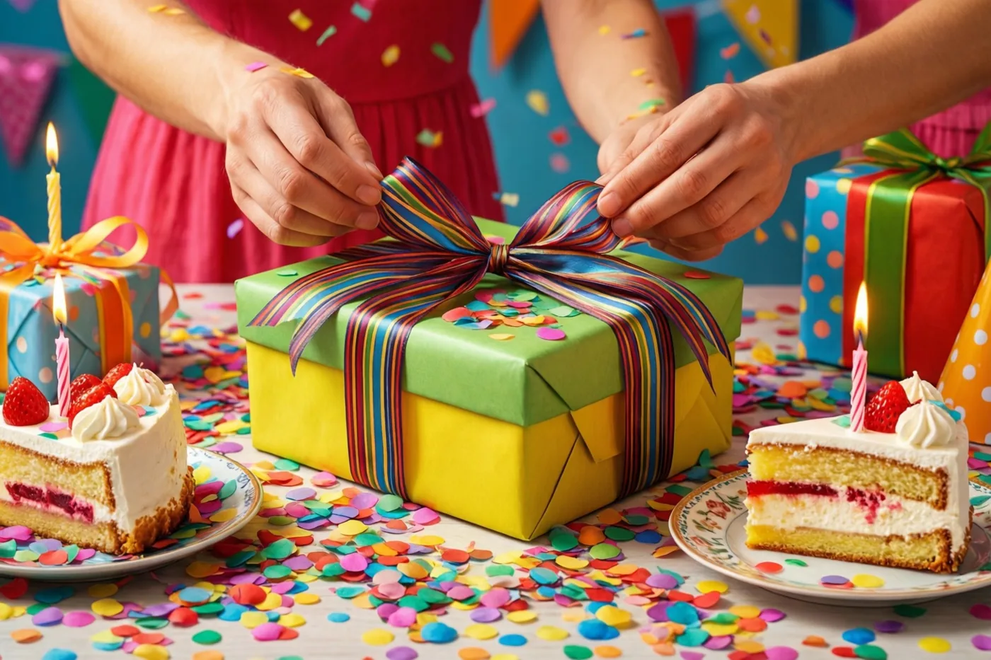 Twee handen pakken een kleurrijke geschenkdoos uit op een tafel met bonte confetti, naast twee stukken taart met elk een brandend kaarsje in een felgroene en gele omgeving.