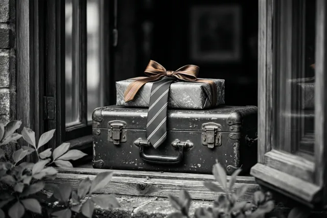 Op een houten vensterbank staat een oude koffer met daarop een geschenkdoos in papier met een patroon en een gestreepte das eromheen, in een rustiek monochroom tafereel met gebladerte op de voorgrond.