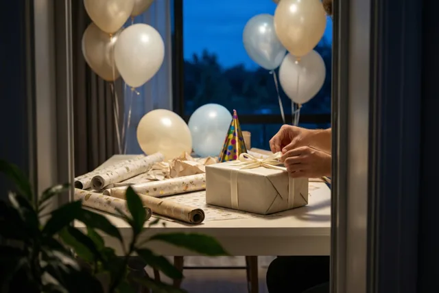 Twee handen knopen een lint rond een cadeau in beige papier op een tafel met rollen inpakpapier, ballonnen en een feesthoedje, bij zacht binnenlicht en een raam met donkerblauwe nachtlucht.