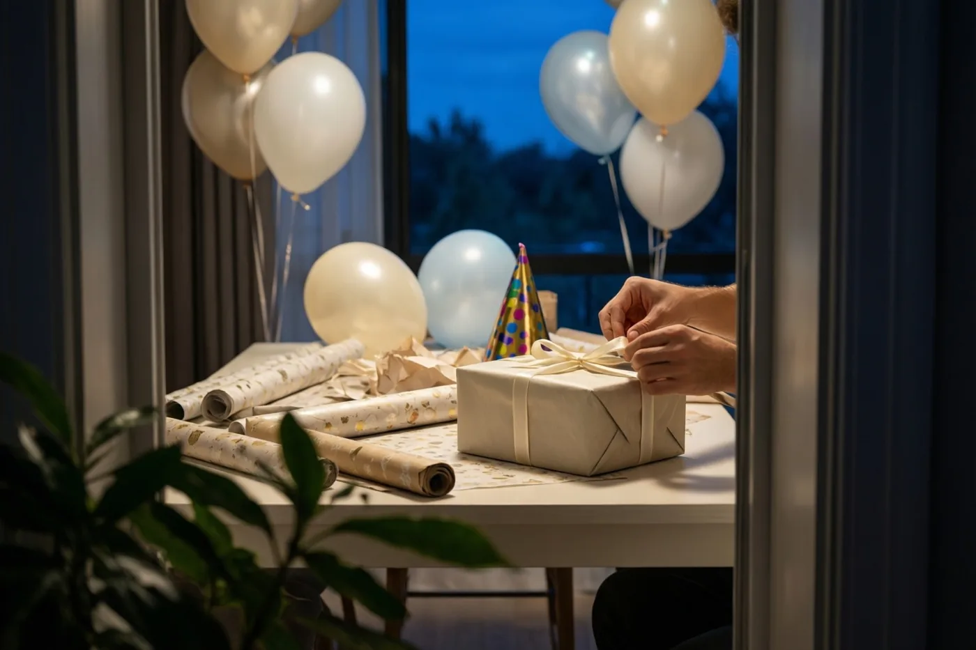 Twee handen knopen een lint rond een cadeau in beige papier op een tafel met rollen inpakpapier, ballonnen en een feesthoedje, bij zacht binnenlicht en een raam met donkerblauwe nachtlucht.