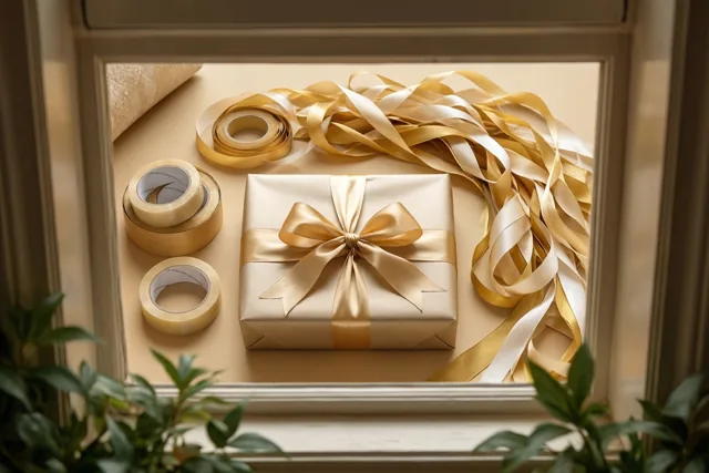 Op een vensterbank staat een cadeaudoos met gouden lint en plakband, omringd door rollen plakband, een hoop lint en groene planten bij het raam.