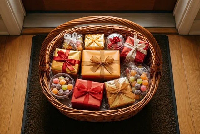 Een rieten mand met ingepakte cadeaus en snoep staat op een donkere deurmat bij een houten drempel, met rood, goudkleurig en bruin inpakpapier en strikken.