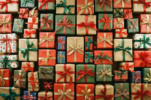 Van bovenaf zijn dicht opeengepakte cadeaus te zien in kleurrijk inpakpapier met linten, met rood, groen en goud als hoofdkleuren.