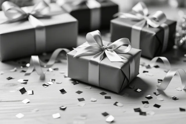 Verschillende ingepakte cadeaus met satijnen linten en confetti liggen op een licht houten tafel in een zwart-witfoto.