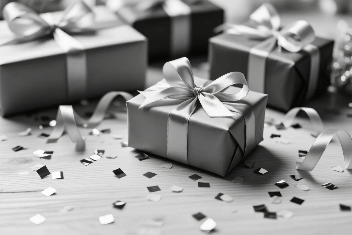 Verschillende ingepakte cadeaus met satijnen linten en confetti liggen op een licht houten tafel in een zwart-witfoto.