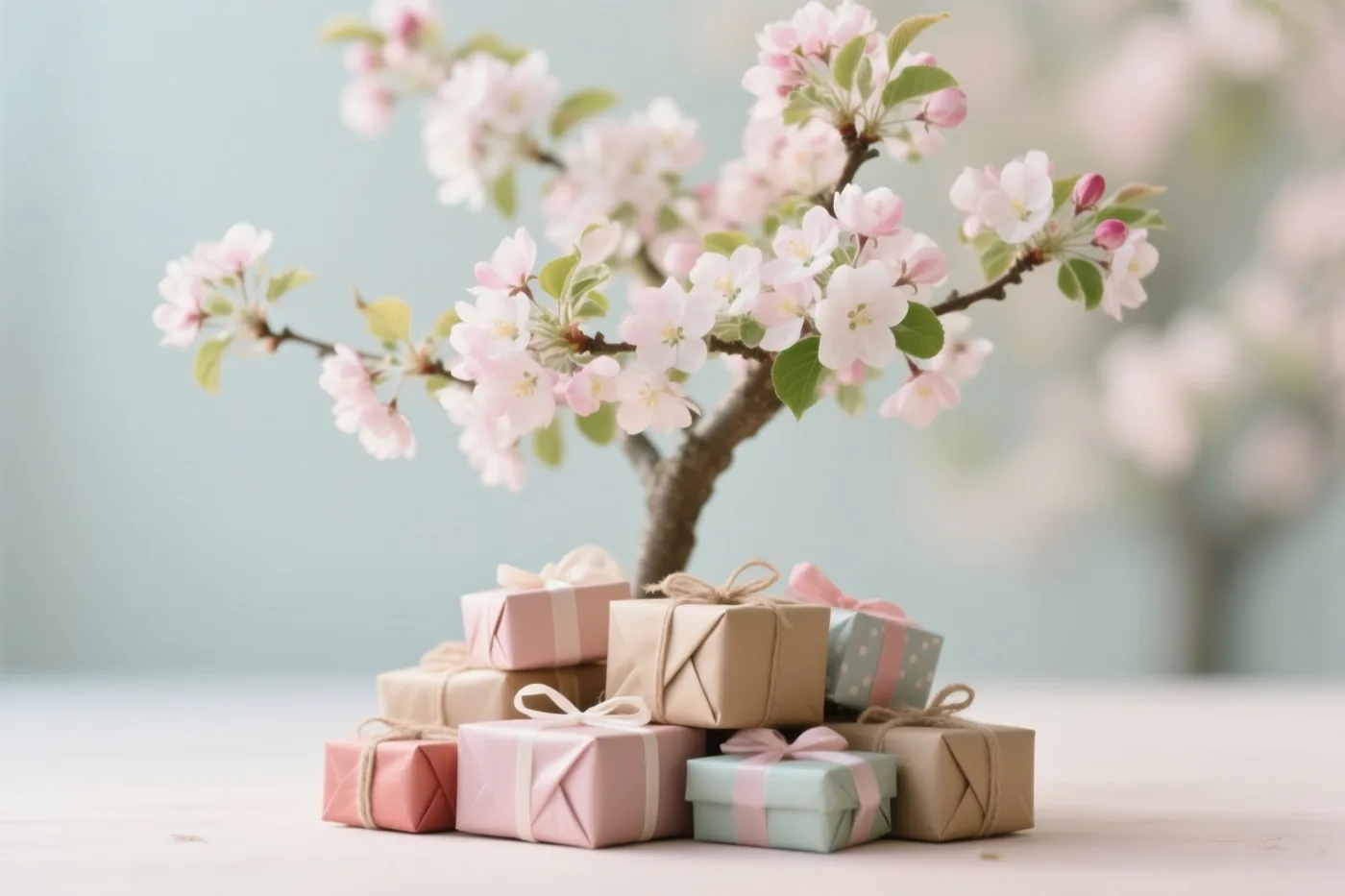 Een klein appelboompje met roze bloesems en groene bladeren staat achter een stapel ingepakte cadeaus op een licht oppervlak tegen een onscherpe pastelachtergrond.