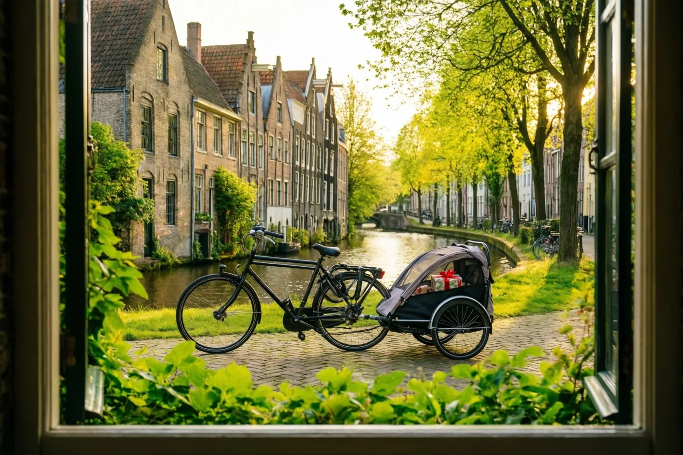 Een zwarte fiets met een kinderkar waarin een klein cadeau ligt, staat op een kasseipad langs een kanaal met oude gevelhuizen en groen gebladerte in goudkleurig licht.
