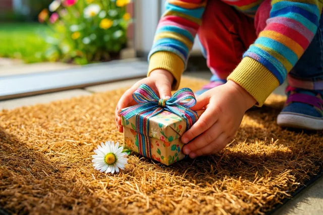Kinderhanden zetten een klein cadeaudoosje met een kleurrijke strik op een bruine deurmat naast een wit madeliefje, in fel zonlicht met een wazige tuin op de achtergrond.