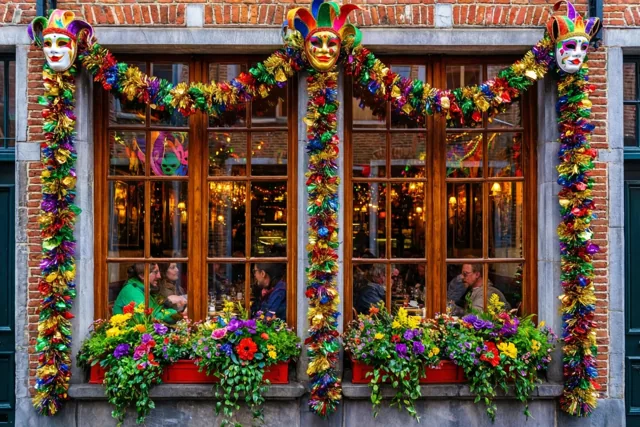 Een caféraam is versierd met rode, groene en gouden slingers en narrenmaskers, met bloembakken eronder.