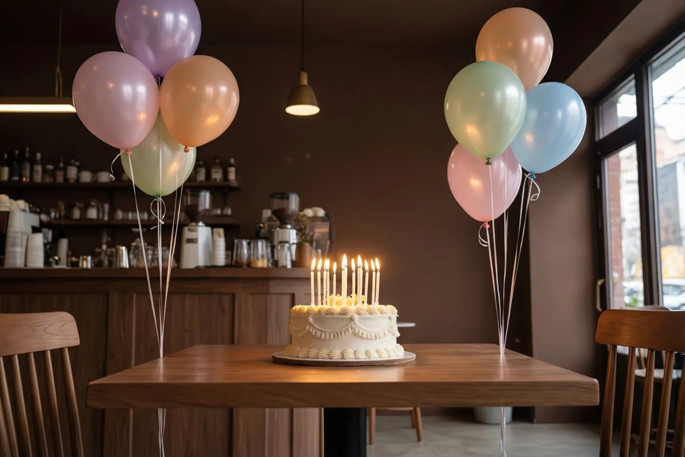 Een verjaardagstaart met brandende kaarsjes staat op een houten tafel in een warm verlicht bruin café, tussen trossen pastelkleurige ballonnen.