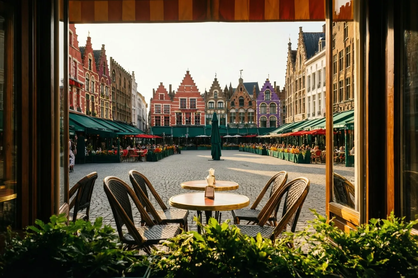 Door een raamkader is een caféterras met houten tafels en stoelen te zien aan een zonnig kasseiplein met historische Vlaamse gebouwen, bezoekers onder luifels en groen op de voorgrond.
