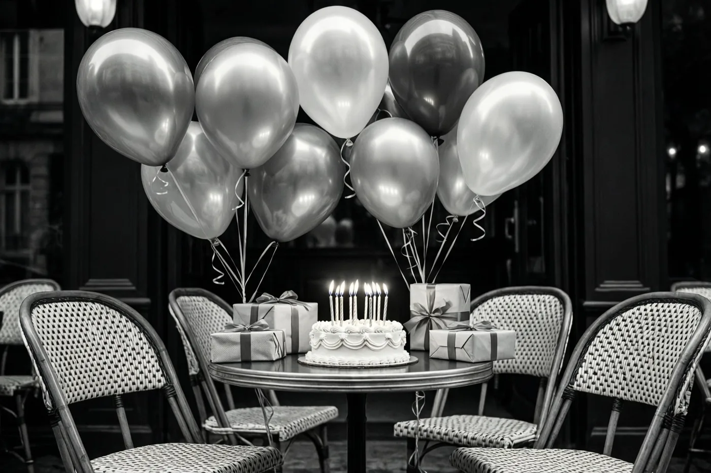Een zwart-witfoto toont een caféterras met een tafel, rieten stoelen, ballonnen, ingepakte cadeaus en een taart met brandende kaarsjes tegen een donkere achtergrond.
