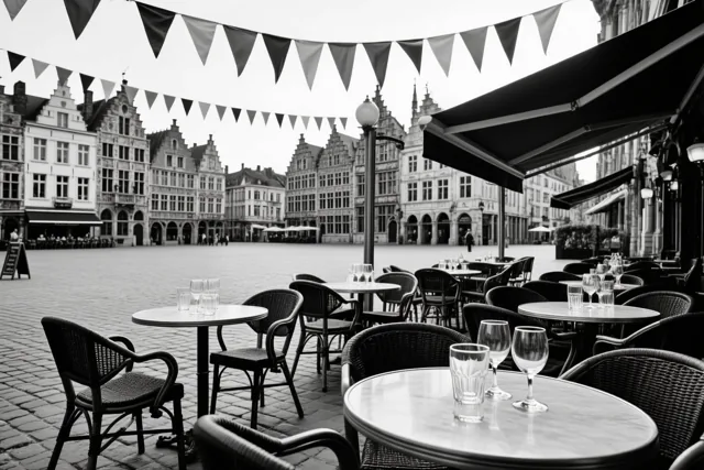 Een zwart-witfoto toont een leeg caféterras met tafels en stoelen onder vlaggetjesslingers op een kasseiplein, met historische gevels op de achtergrond.