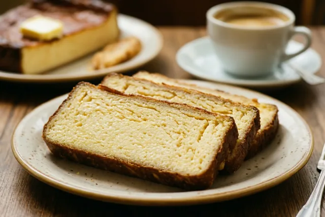Dikke plakken crème-brûléecake met een goudbruine korst, een romige binnenkant en een klontje boter liggen op een keramisch bord naast koffie op een houten tafel.
