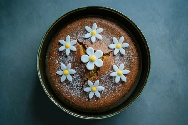 Een ronde biscuitcake met witte suikerbloemen en poedersuiker zit in een oud metalen blik op een donkerblauwgrijze ondergrond met textuur.