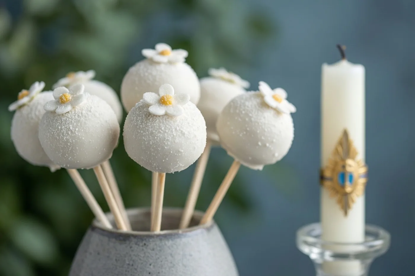 Witte cakepops met kleine suikerbloemen staan in een grijs gespikkelde vaas naast een versierde witte communiekaars in een glazen houder, tegen een zachtblauwe achtergrond.