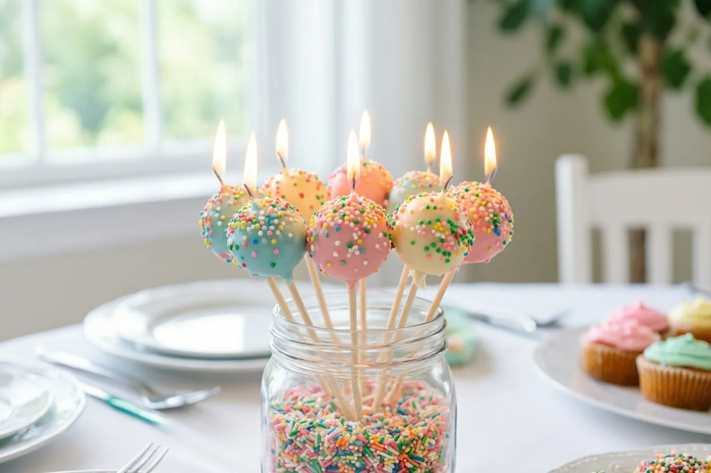 Pastelkleurige cakepops met suikerstrooisel en brandende kaarsjes staan in een met suikerstrooisel gevulde glazen pot op een wit tafellaken, met een raam en stoel op de achtergrond.