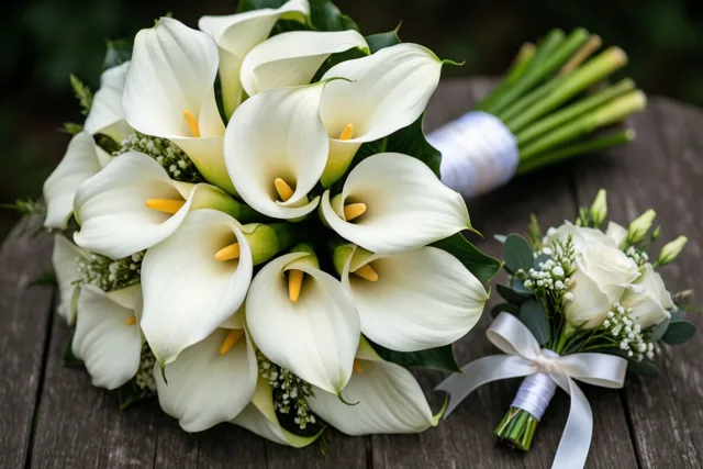 Een groot bruidsboeket witte calla’s met groene bladeren en kleine witte bloemen ligt buiten op verweerd hout naast een kleinere bijpassende corsage met een wit lint.