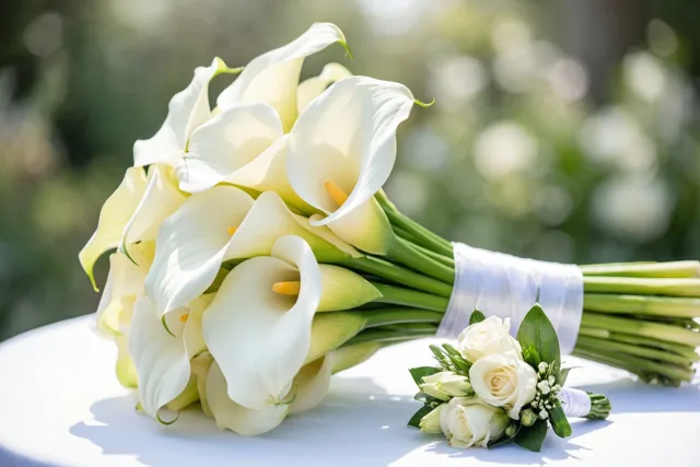 Een bruidsboeket witte calla’s met een wit lint ligt buiten op een wit tafelkleed naast een corsage van witte rozen en groen, tegen een wazige groene achtergrond.
