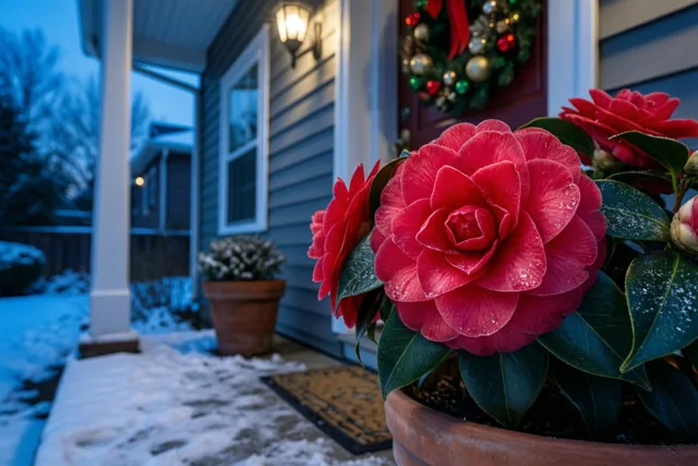 Een camelia verwelkomt Kerst