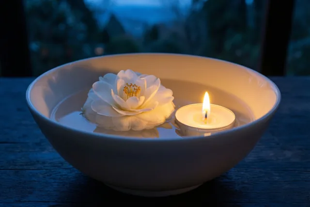 Een witte porseleinen kom met water, een drijvende witte camelia en een brandend theelichtje staat op donker hout voor een onscherpe blauwe achtergrond.